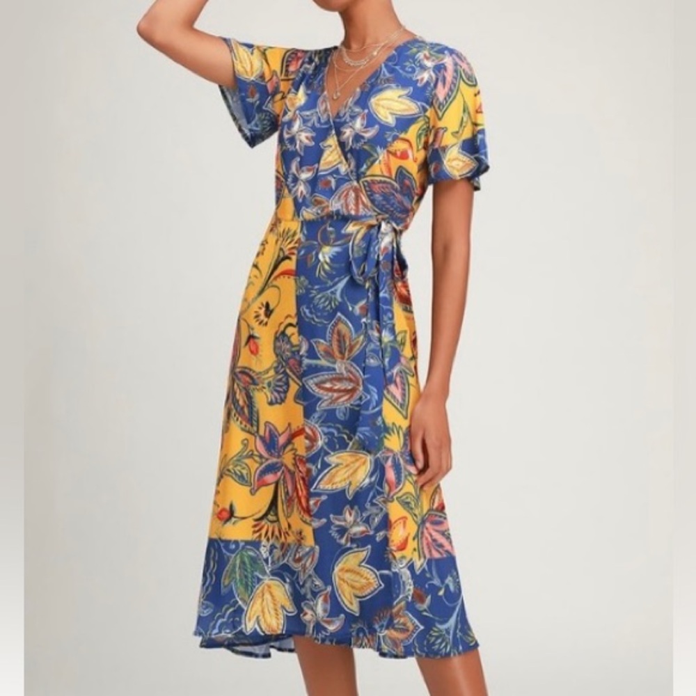 Lulu's Blue and Yellow Floral Tie-Waist Midi Dress